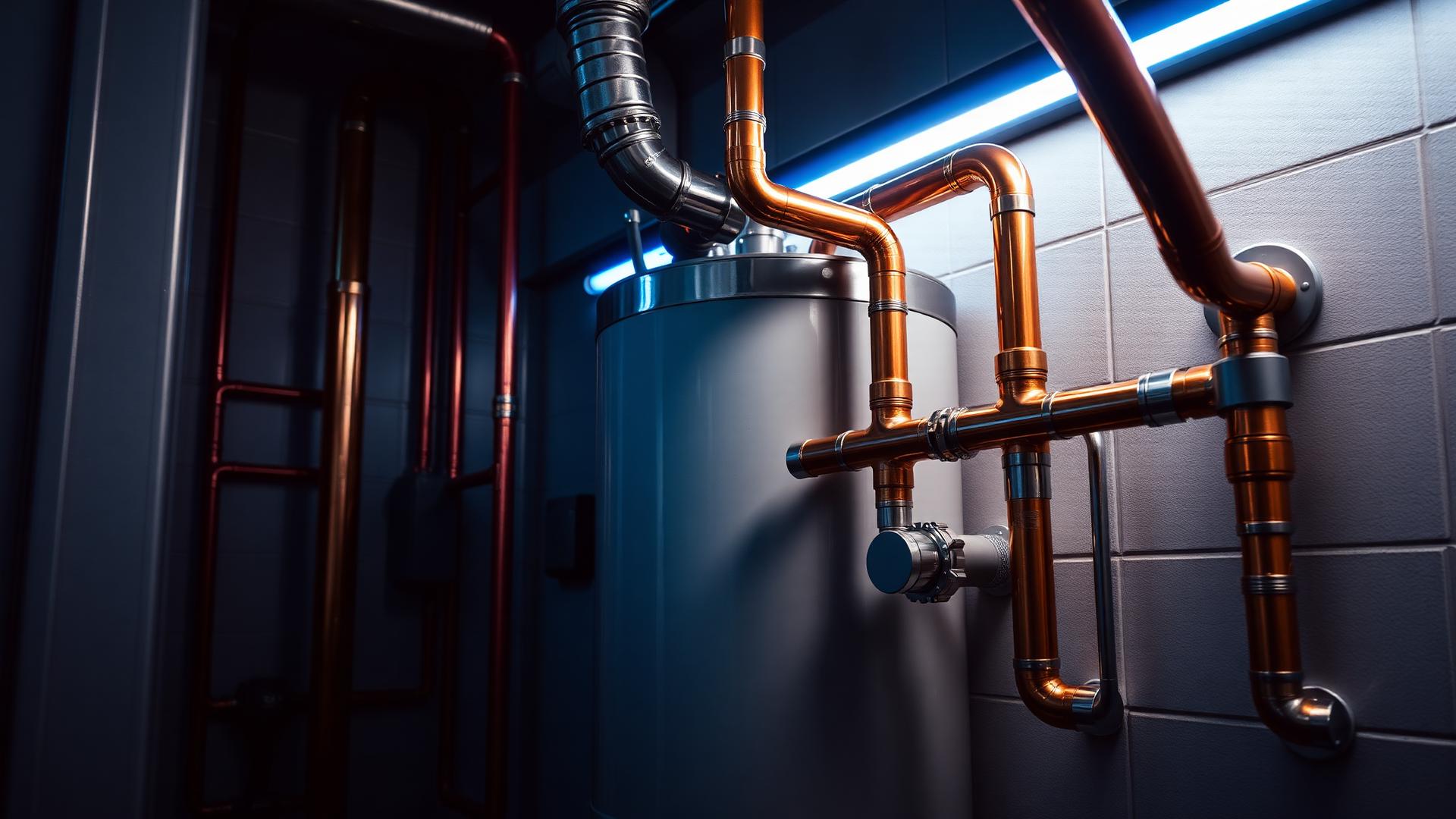 Modern plumbing installation with copper pipes